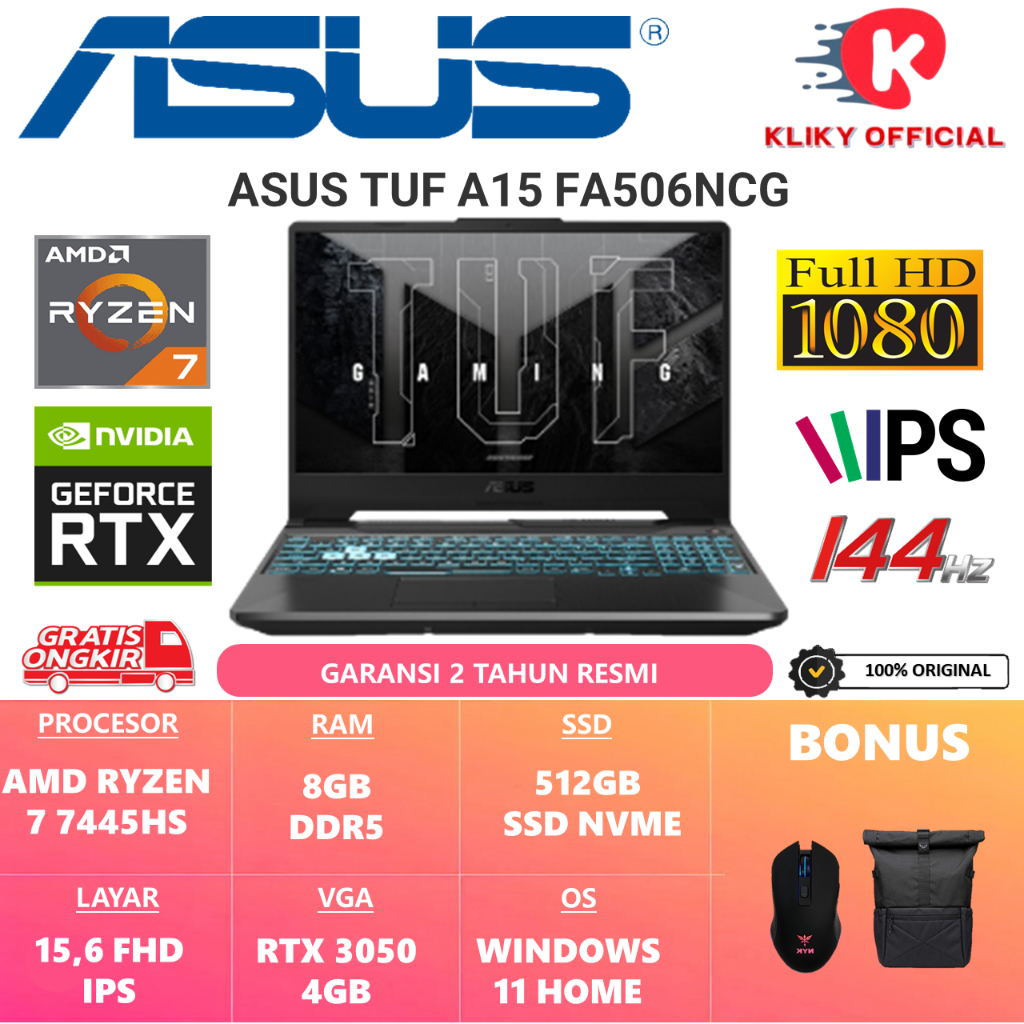 Laptop ASUS TUF Gaming A15 FA506NCG R735B1T-HM AMD RYZEN7 7445HS RAM 8GB DDR5 1TB RTX3050-4GB 15.6 F