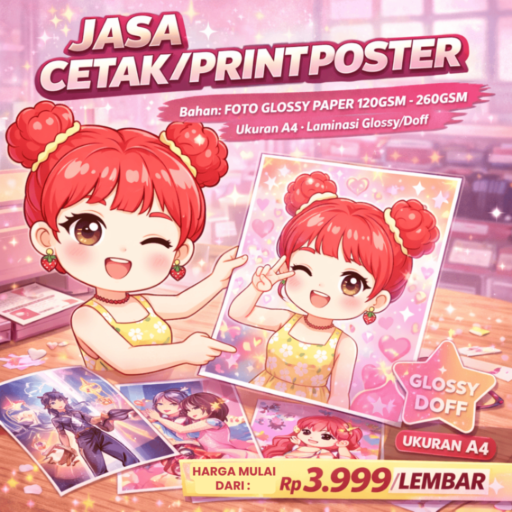 Jasa Cetak/ Print Poster A4 Custom Full Colour l Kertas Foto Glossy 120 180 260gsm | Laminasi Glossy