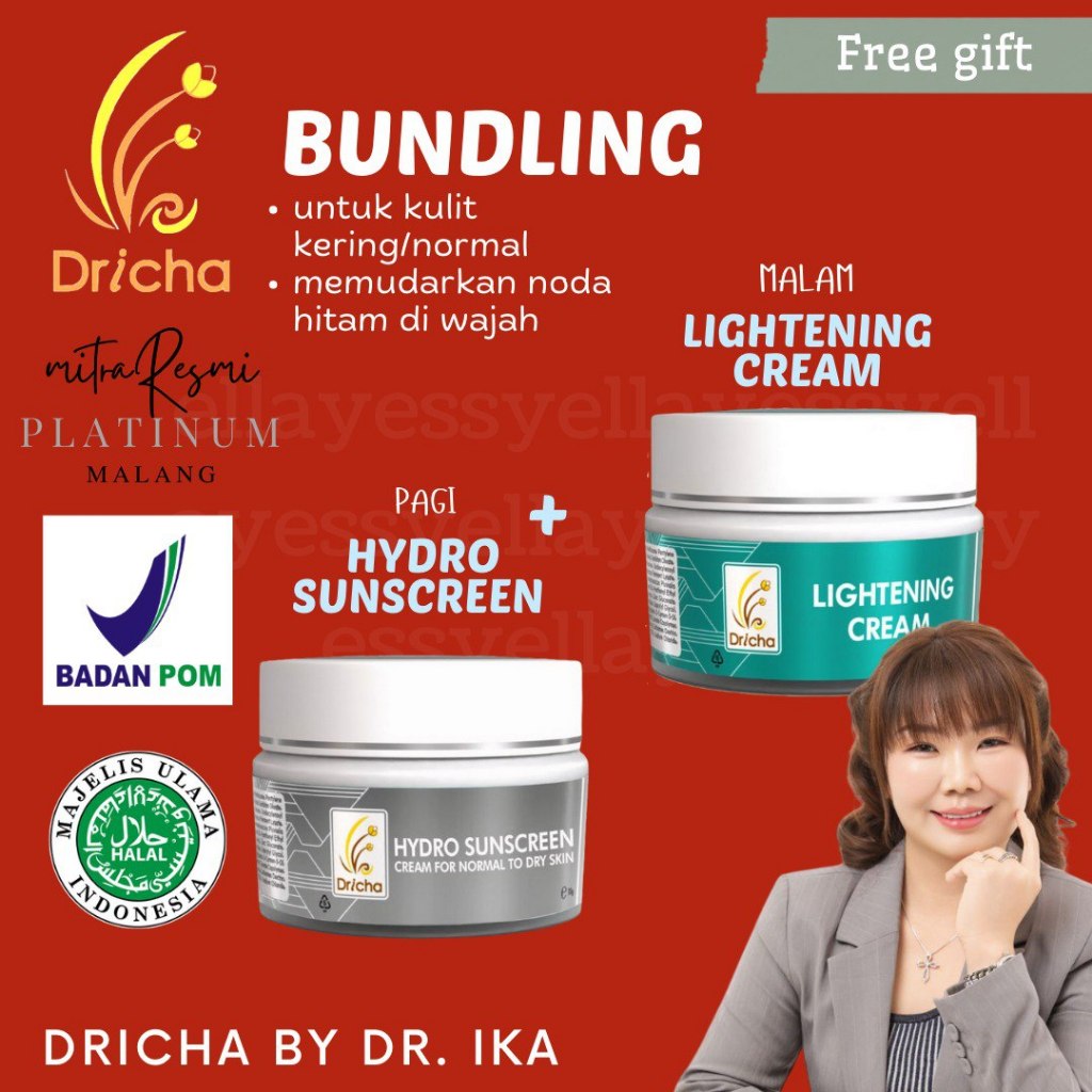 Dricha bundling hydro sunscreen+lightening cream( cream pagi malam membantu memudarkan flek)