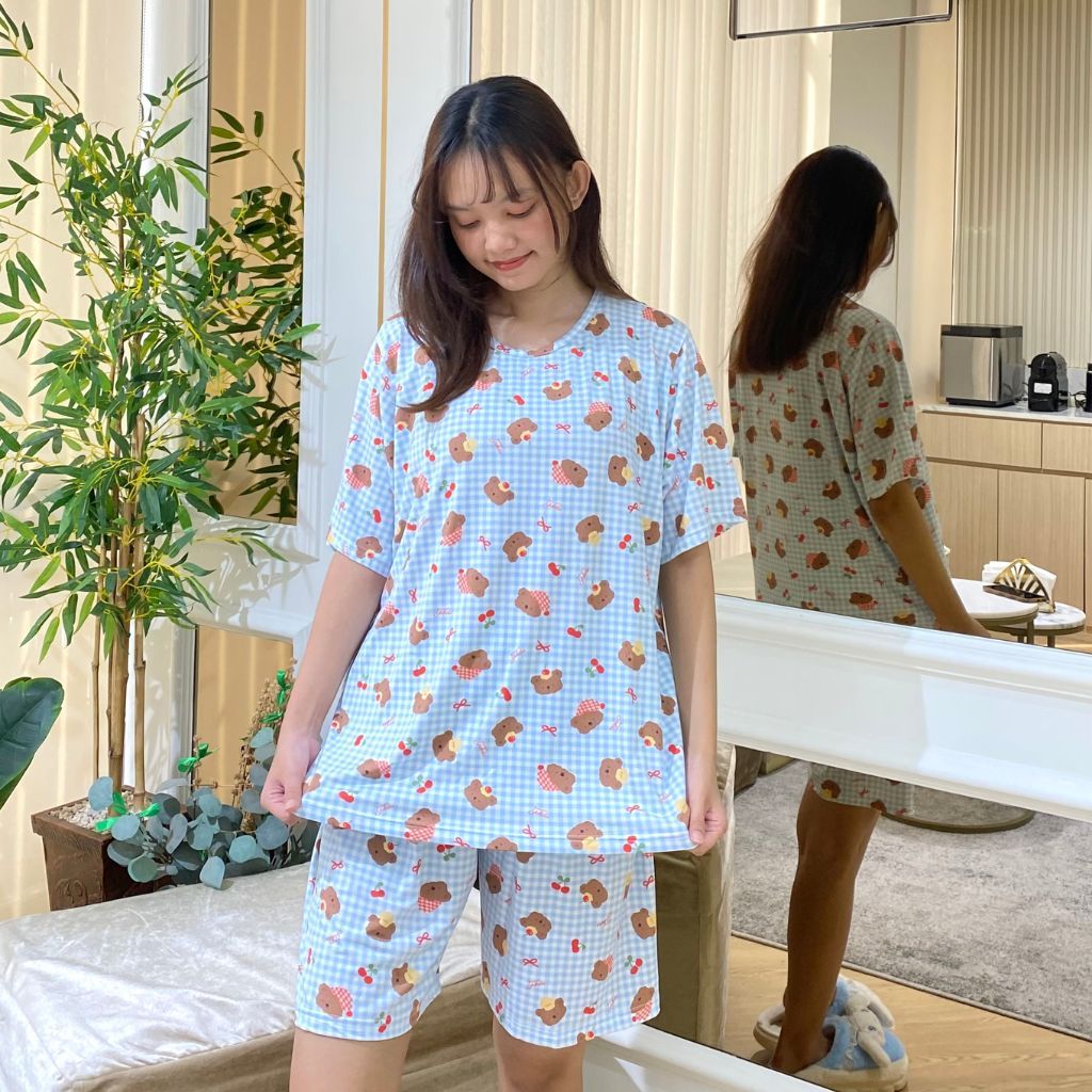 Yukidu Sleepwear Setelan Piyama Dewasa Bear Kotak - kotak blue Bamboo Organik