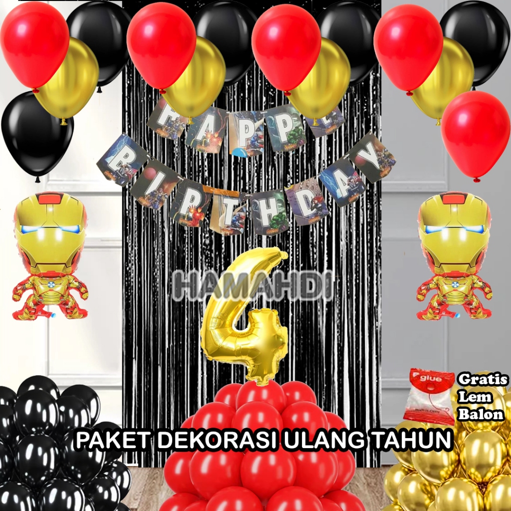 Paket Dekorasi Ulang Tahun Nama Anak Tirai Hitam Banner HBD Karakter Avenger Balon Metalik Hitam Mer