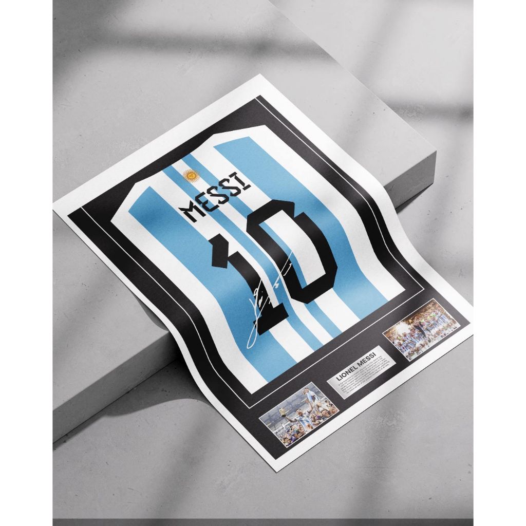Poster hiasan dinging Leo Messi jersey signed Argentina 2018