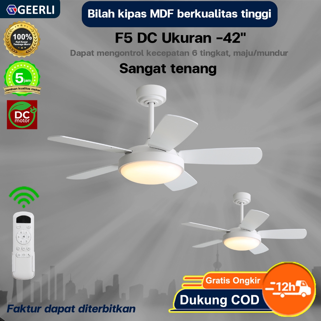 GEERLI Kipas angin gantung lampu 5 bilah 42 inci, 6 kecepatan dapat disesuaikan, motor DC tembaga mu
