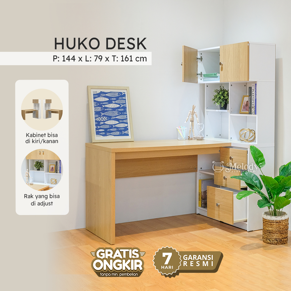 Melody Furniture - Meja Belajar Kantor Kerja Huko Desk dengan Rak Buku - Bianco White
