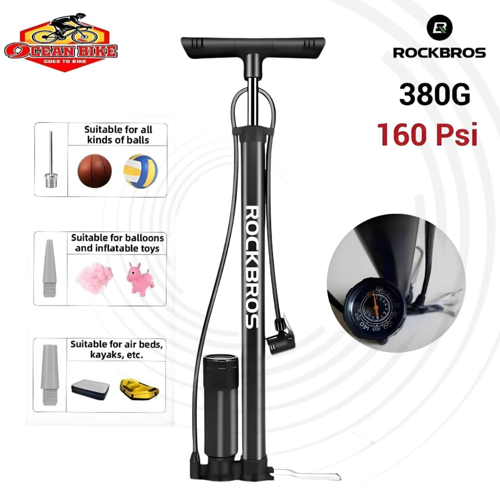 Pompa Udara Rockbros 380G 160 PSI untuk Ban Sepeda, Motor, Bola & Sofa Angin - Hitam