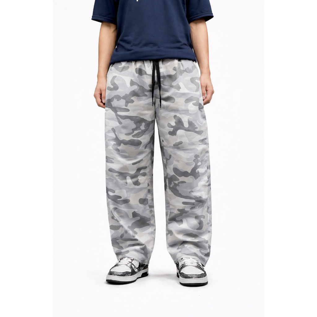 Celana Loreng Baggy Twill Pinggang Karet Unisex Korean Street Loreng Putih Abu