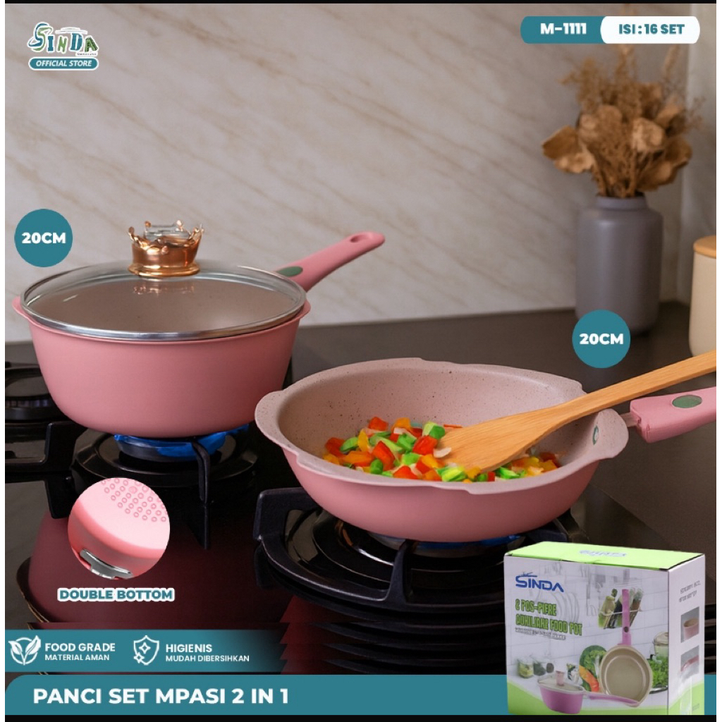 Set Panci Wajan GM Bear - Stainless Steel, Kapasitas Besar, Warna Pink