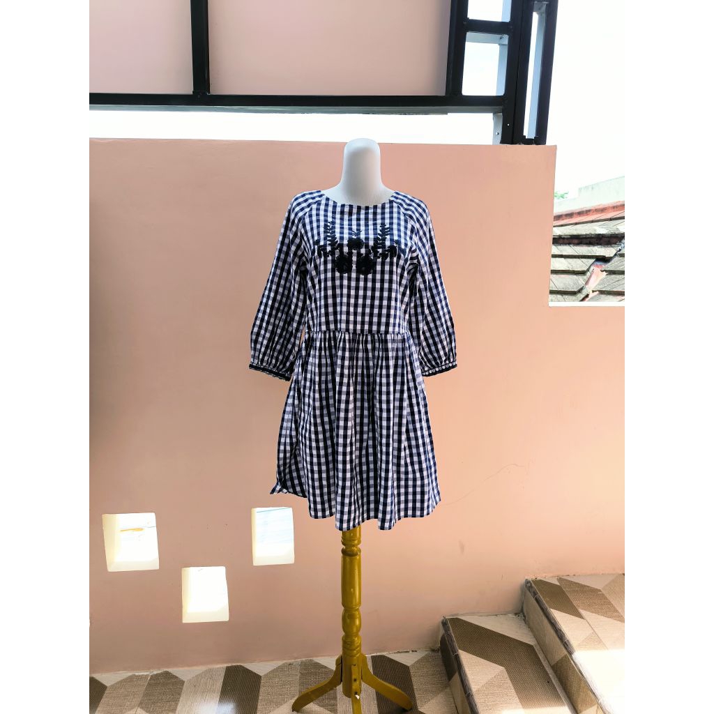 Dress babydoll gingham check navy Spao