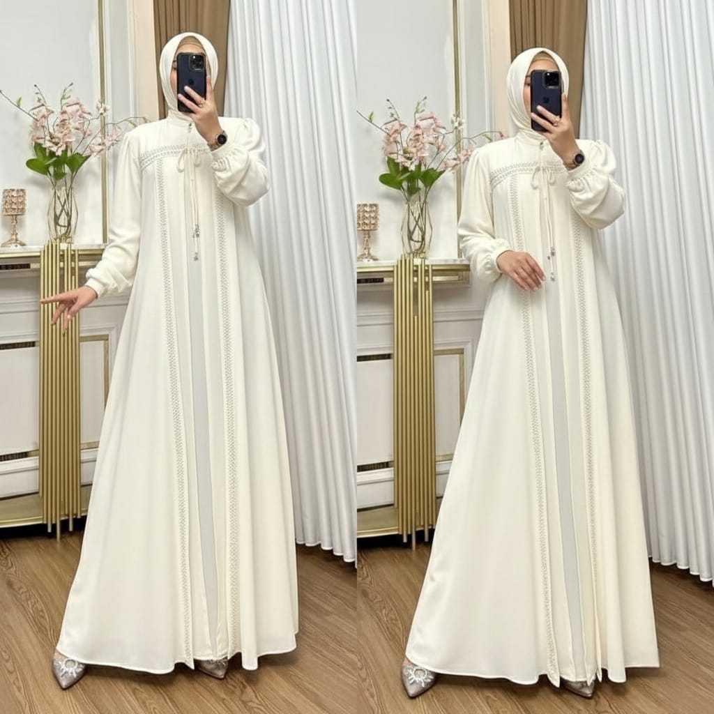 Gamis Putih Elegan Mewah 2026 Jule Dress Gamis Ceruty Baby Doll Mix Swarovski Baju Lebaran Model Ter