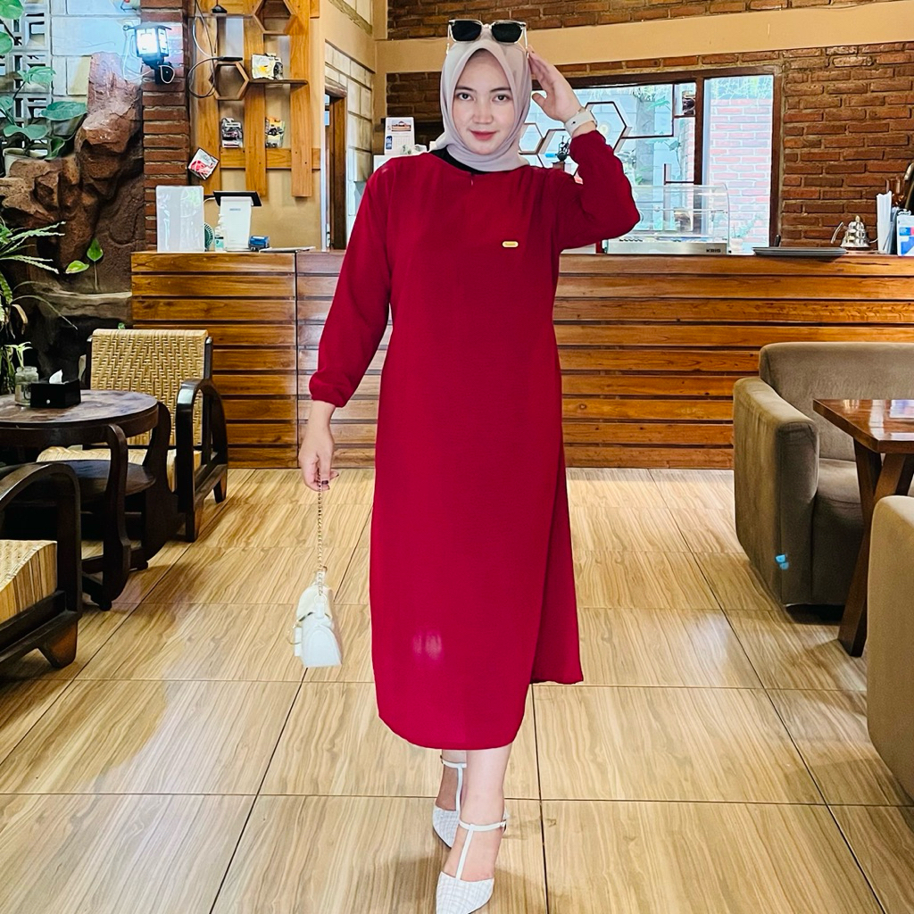 Midi Dress Crinkle Airflow Salur Wanita Dress premium Simpel Busui Friendly