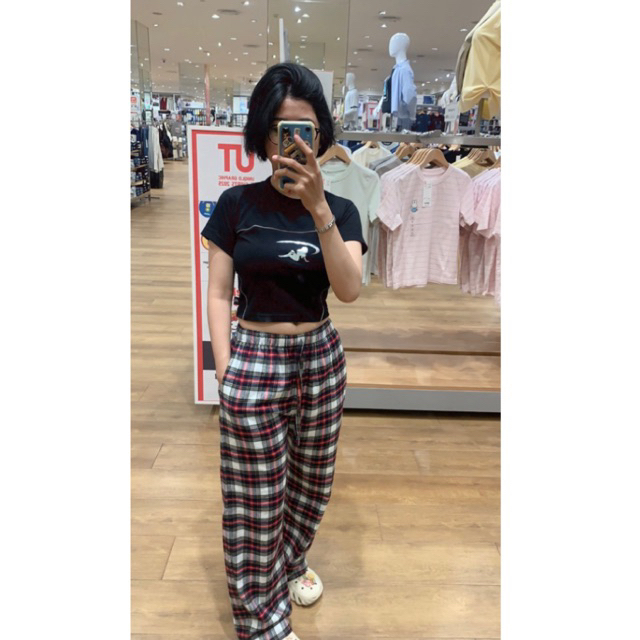 Celana flanel straight Import pria wanita motif limited uniqlo premium