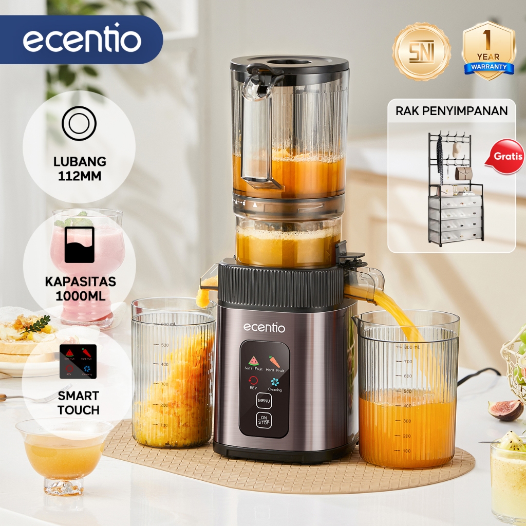 ecentio Smart Slow Juicer 1000ml Besar Cerdas Panel Sentuh Lubang 112mm 99% Ekstraksi Juicer Buah Ta
