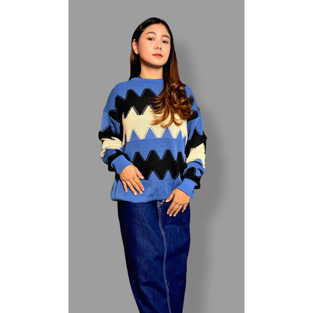 Elzaco COD Meghan Knit Rajut Oversize - Baju Atasan Wanita Bahan Rajut Halus Premium Tebal Motif Zig