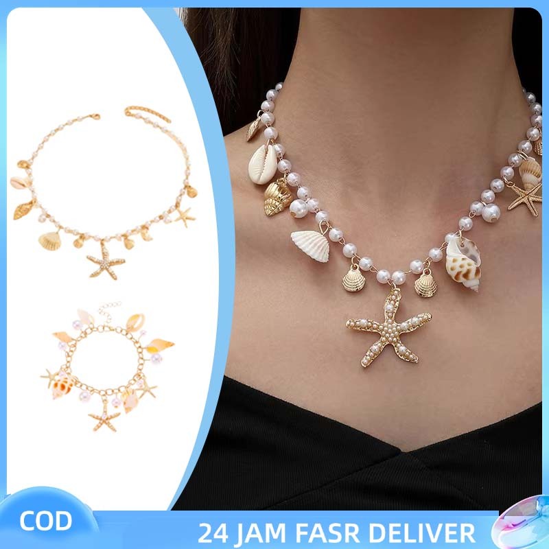 1set Kalung Mutiara Kerang Kalung Pantai Aesthetic Gaya Bohemian Kalung Kerang Gelang Kerang Laut