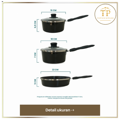 READY TP' Panci Wajan Set 3 Pcs Anti Lengket Cookware 3 in 1 Tutup Hitam Cookware Set Hitam **