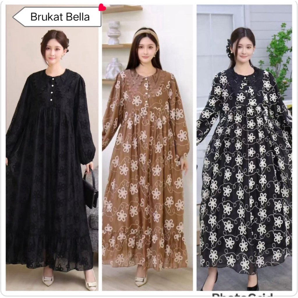 gamis brukat bella, dress kev, gamis import, lafreya dress, gamis putih, white maxi, dress bordir, g