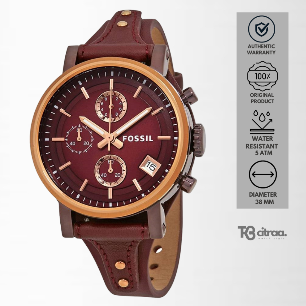 Jam Tangan Fossil Boyfriend Chronograph Kulit Red Sport Casual Original ES4114