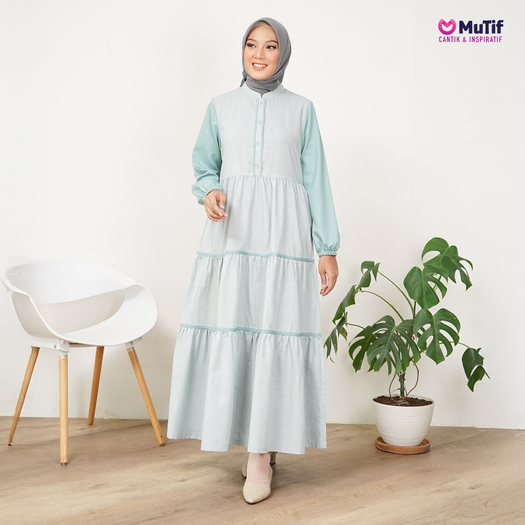 MUTIF Gamis Wanita Dewasa Razana Motif Mini Square Kotak Ruffle Bertingkat dan Busui Wudhu Friendly