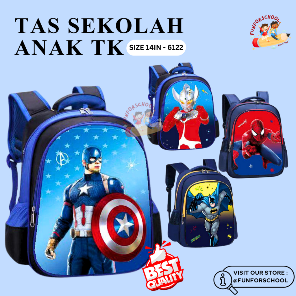 FFS Ransel Tas Sekolah Anak Laki-Laki TK Paud Import Premium Karakter Spiderman Captain Batman Super