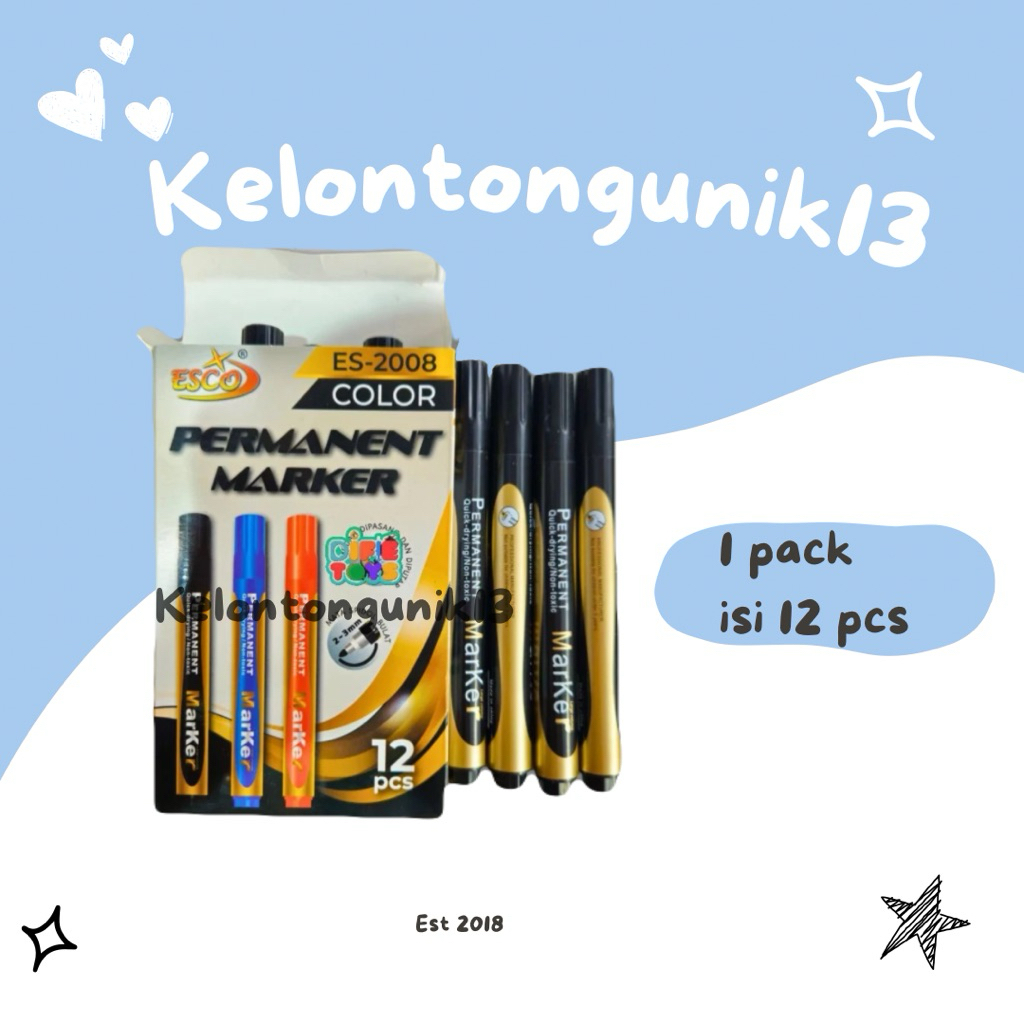 1 pack 12 pcs spidol besar esco / spidol permanent esco / spidol hitam permanent esco s 2008 / Perma