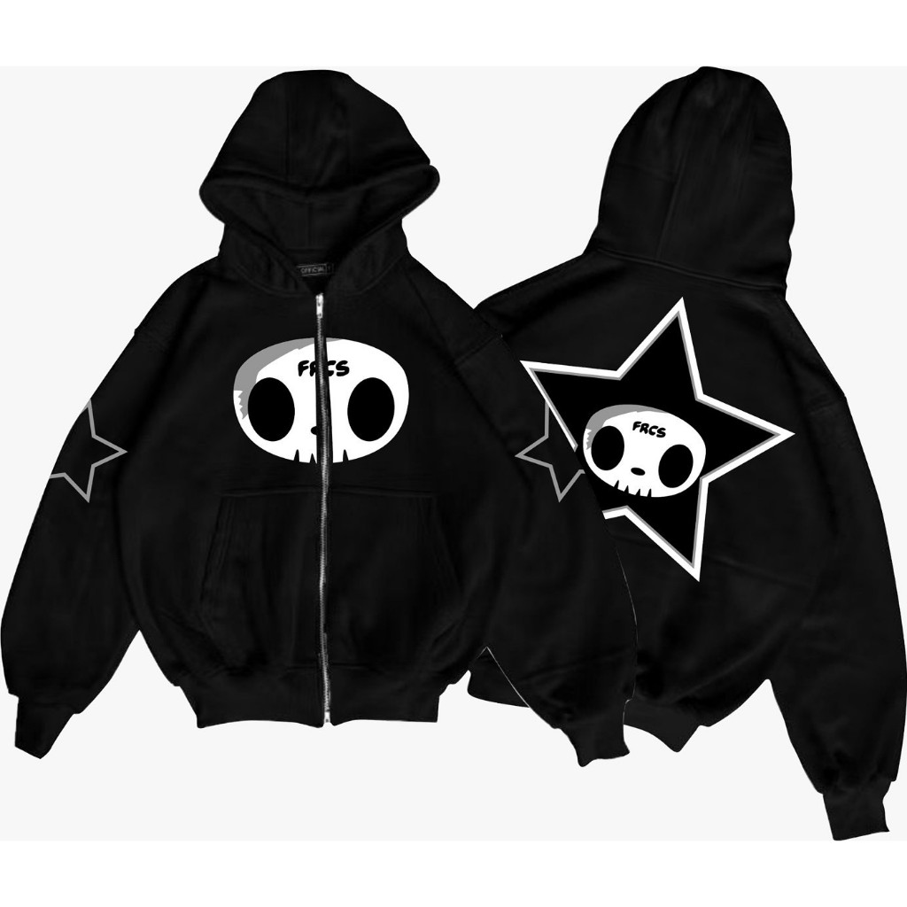 Hoodie Boxy Double  Zipper Hitam Tokidoki Adios Star Bintang Basic Premium Quality Unisex Full Tag
