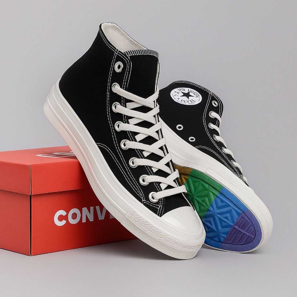Sepatu Sekolah Hitam Converse Rainbow Black High All Star Sneakers Kasual Pria Wanita Terbaru
