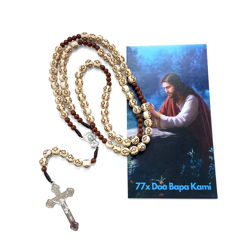 Kalung Rosario 77 Bapa Kami Bahan Parel Motif Salib Krem - Rosario 77x Doa Bapa Kami - Rosario 77 Ba