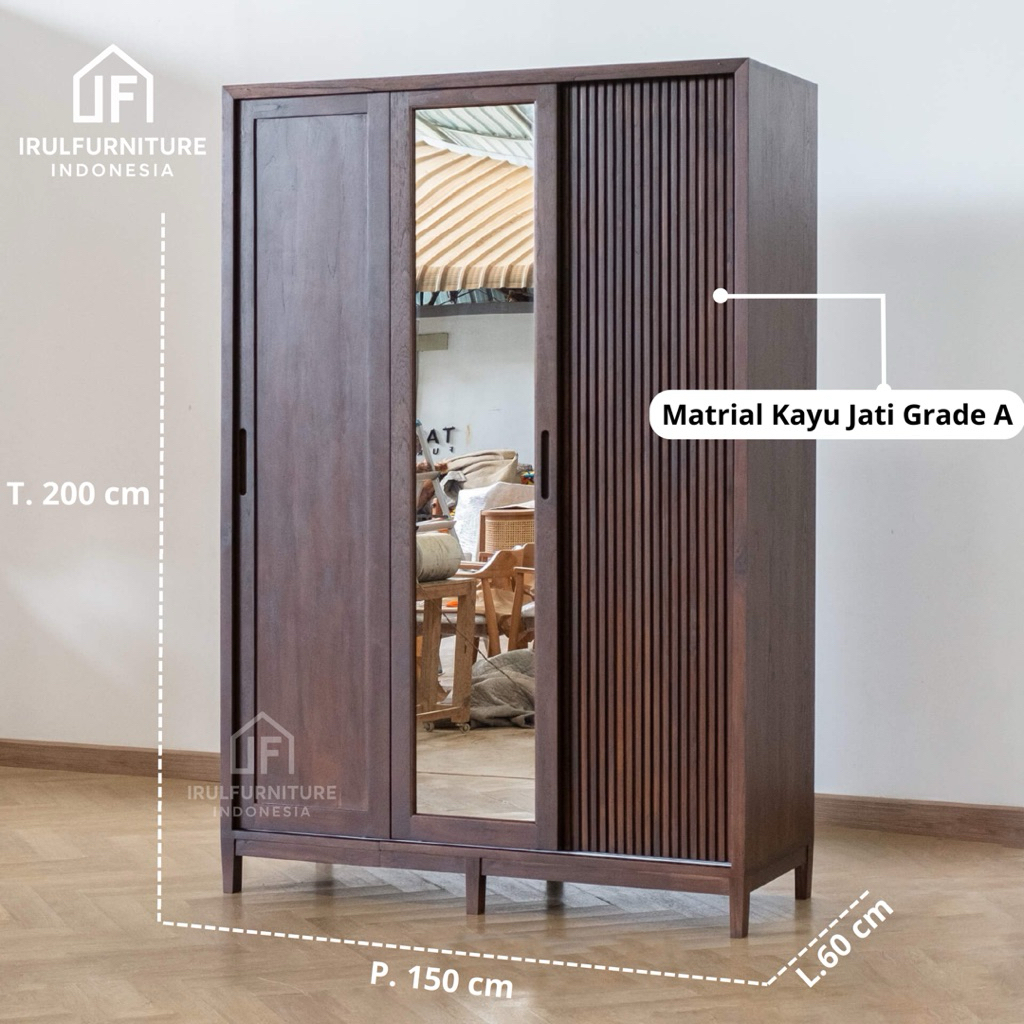 Lemari Pakaian Kayu Jati Minimalis | Wardrobe Sliding Door Kayu Jati | Lemari Baju Jati Modern Pintu