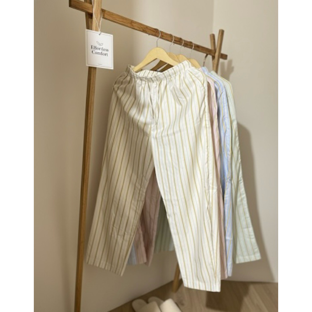 Celana Panjang Wanita Highwaist - Pinggang Karet, Saku Praktis, Pola Garis-garis