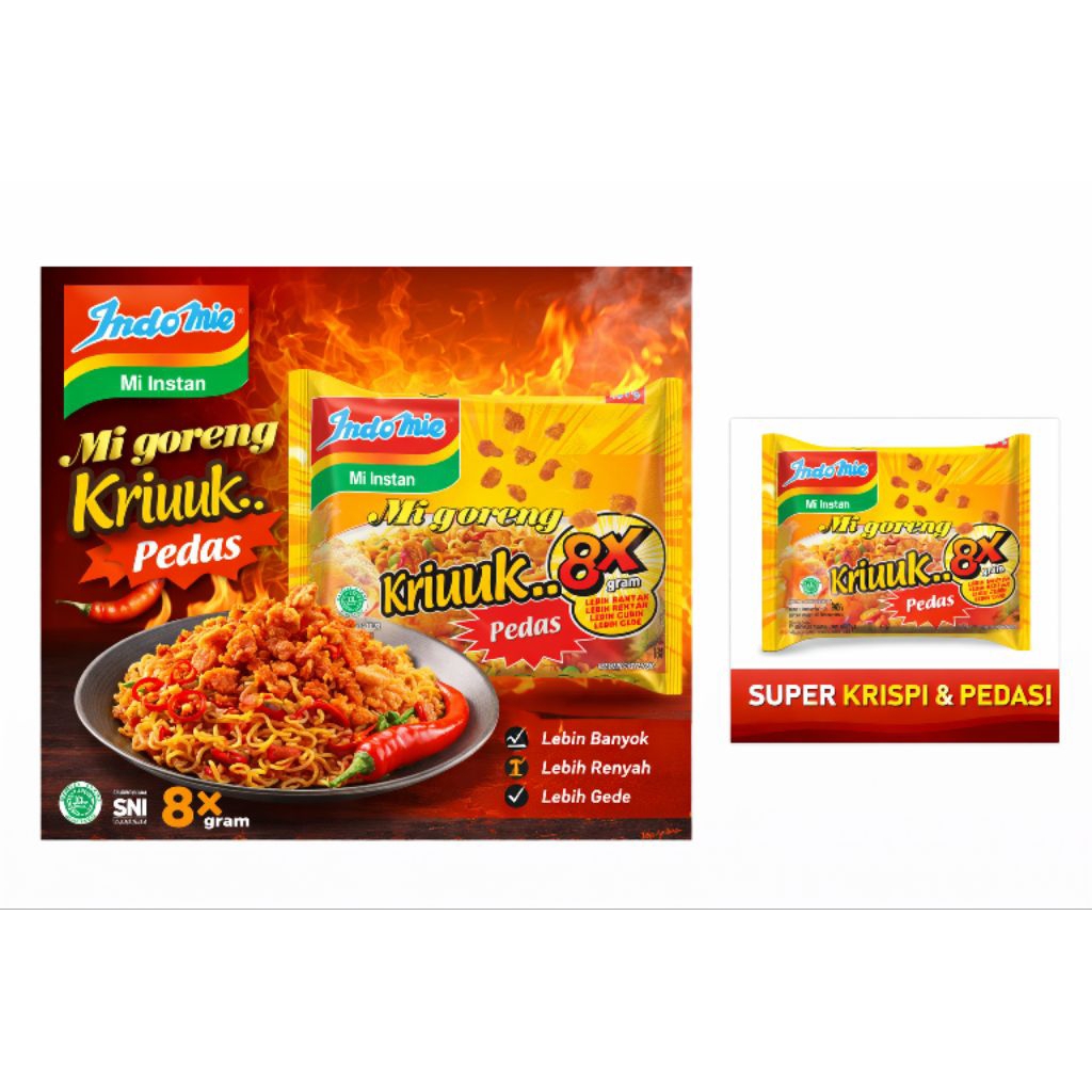 Indomie Mi Goreng Kriuk Pedas 90gr | Mie Instan Goreng Extra Kriuk 8x Gram Renyah & Pedas