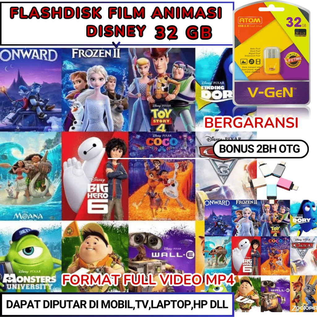 USB Flashdisk 32GB Film Disney Animasi Movie Koleksi Lengkap MP4 HD - Gratis 2 OTG - Kumpulan Film K
