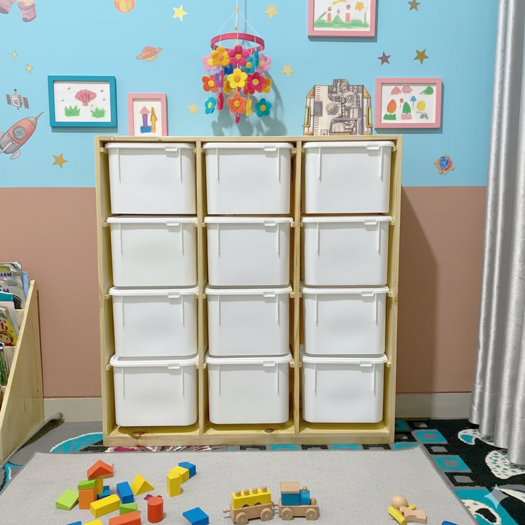 Rak Mainan Anak Minimalis 12 Box Polos - Rak Buku Trofast Minimalis Kayu Jati Anak Serbaguna /Rak Se