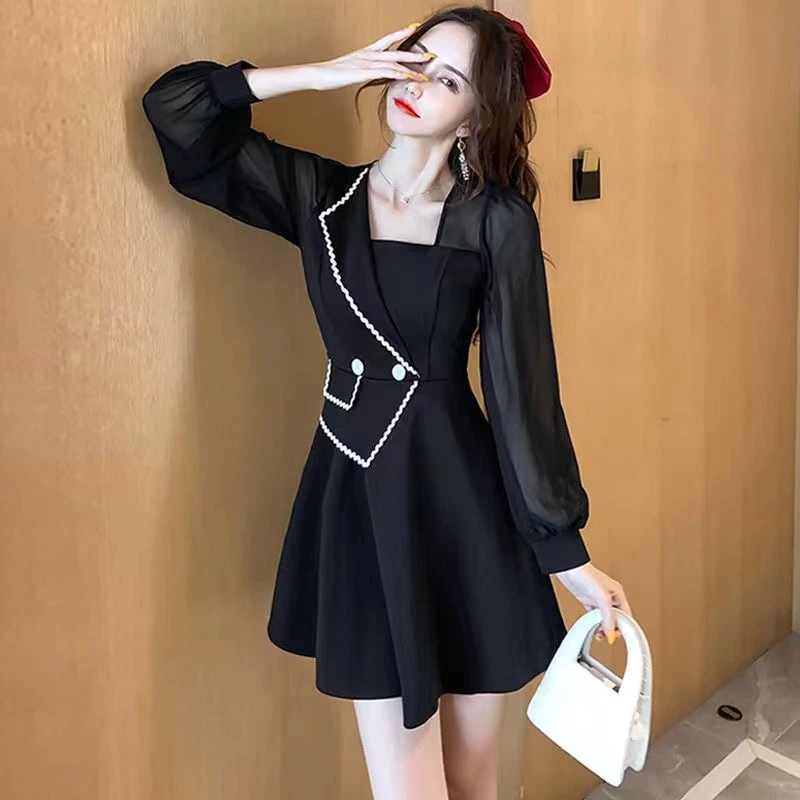 Blazar Dress Hitam Casual Wanita Remaja | Midi Black Dress Patchwork Tidak Simetris