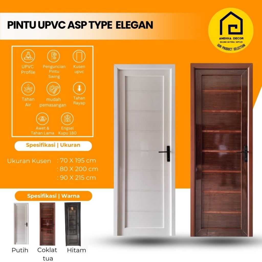 Pintu UPVC ASP  Type Elegan ukuran 70 x 195 cm ; 80 x 200 cm | pintu kamar tidur/ Kamar Mandi , Mini