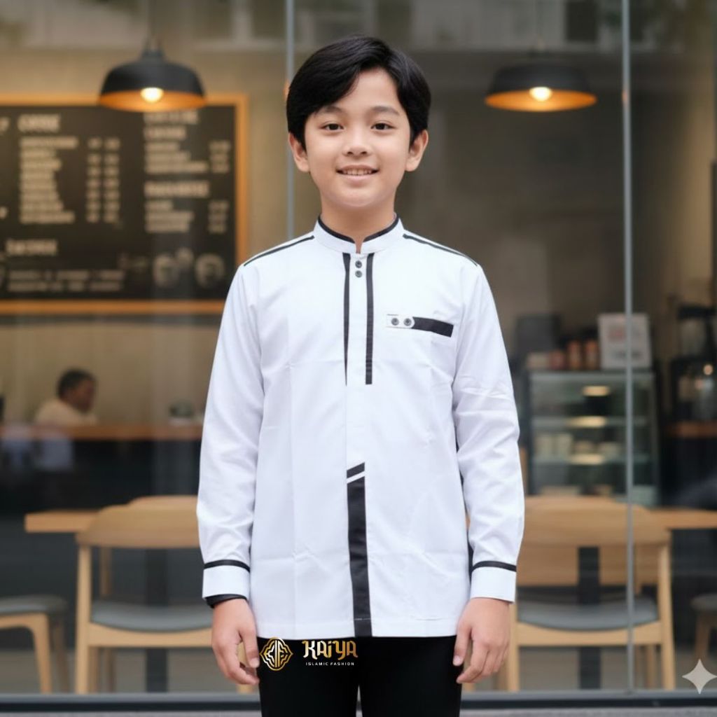 Baju Koko Anak Lengan Panjang SD SMP Usia 5–14 Tahun – Motif Khatulistiwa Warna Putih Navy Abu Cokla