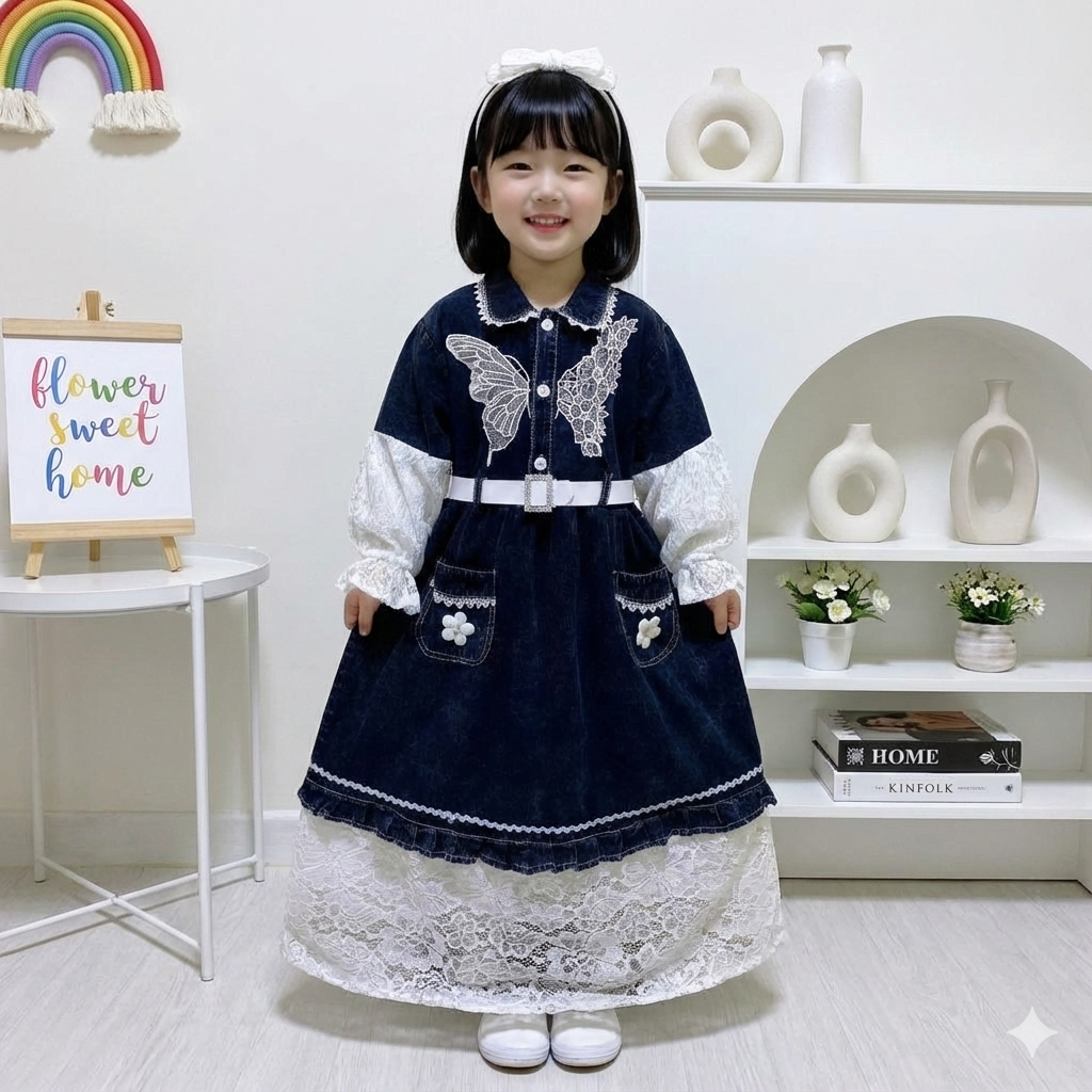 Dress Gamis Jeans Import Lengan Panjang Brokat Anak Perempuan Usia 3-10 Tahun Fashion Lebaran Viral