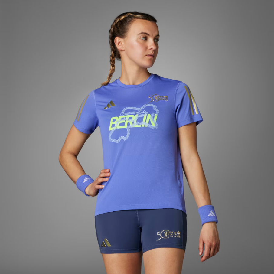 Kaos Sport Olahraga Wanita Spesial Adidas 50th BMW Berlin Marathon 2024 Finisher Aeroready Short Sle