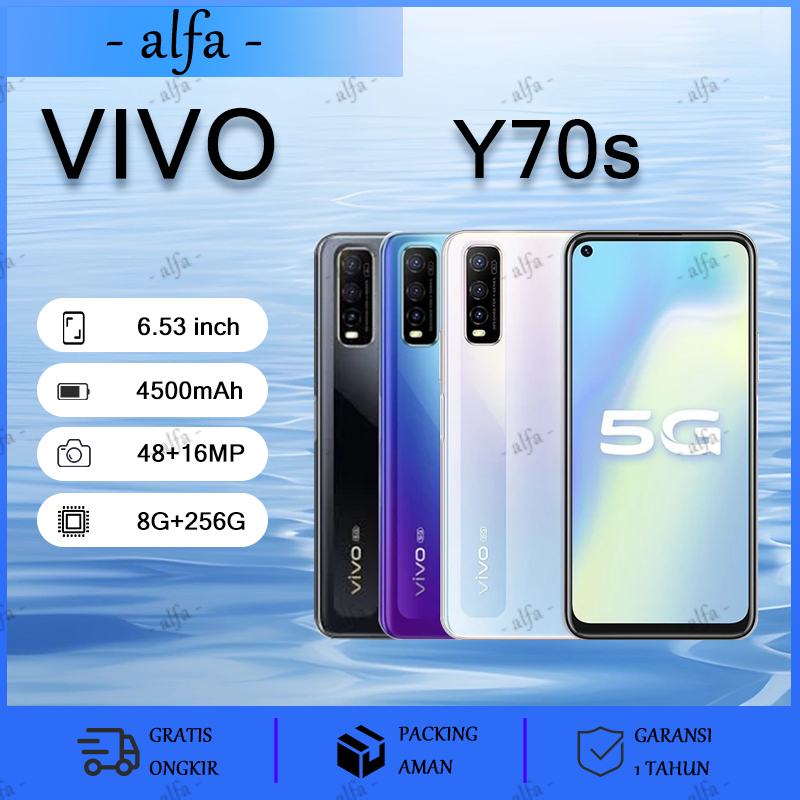 Vivo Y70s 5G HP RAM 8GB+256GB Layar AMOLED 6.53 inci Android Handphone Garansi 1 Tahun