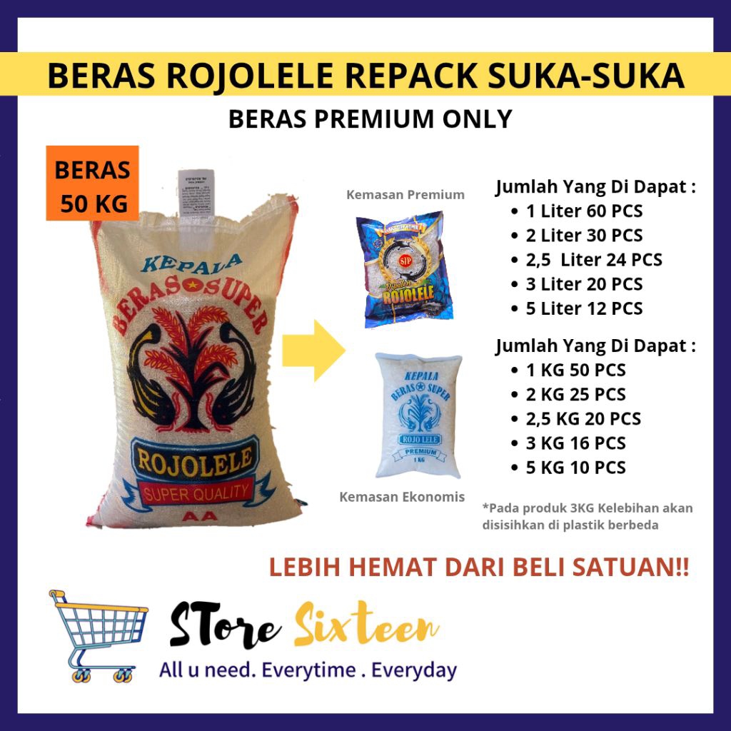 Beras Rojolele 1 Karung Besar 50 KG / Beras Rojolele Repack Suka-suka 1 Liter/ 2 Liter/ 2,5 Liter/ 3