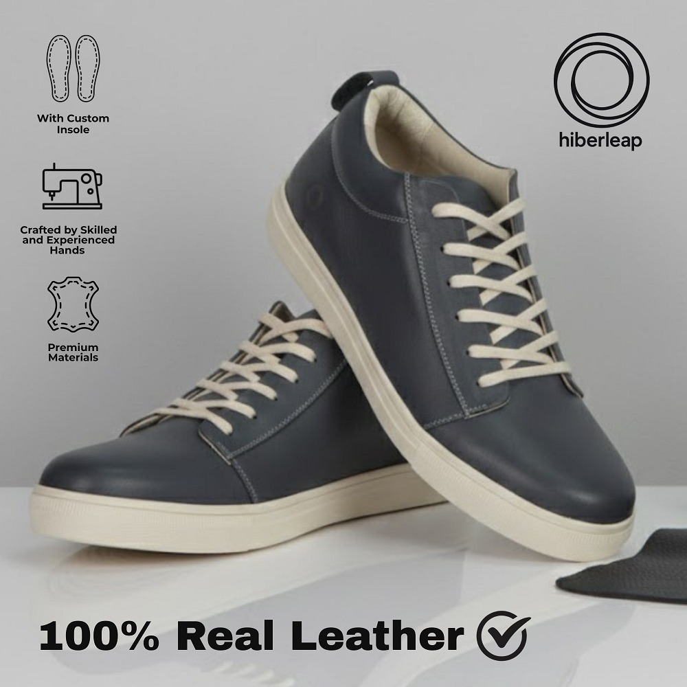 HIBER COAST - Sepatu Kulit Casual Pria Navy Biru Tua Sol Krem – Handmade Sneakers 100% Kulit Asli