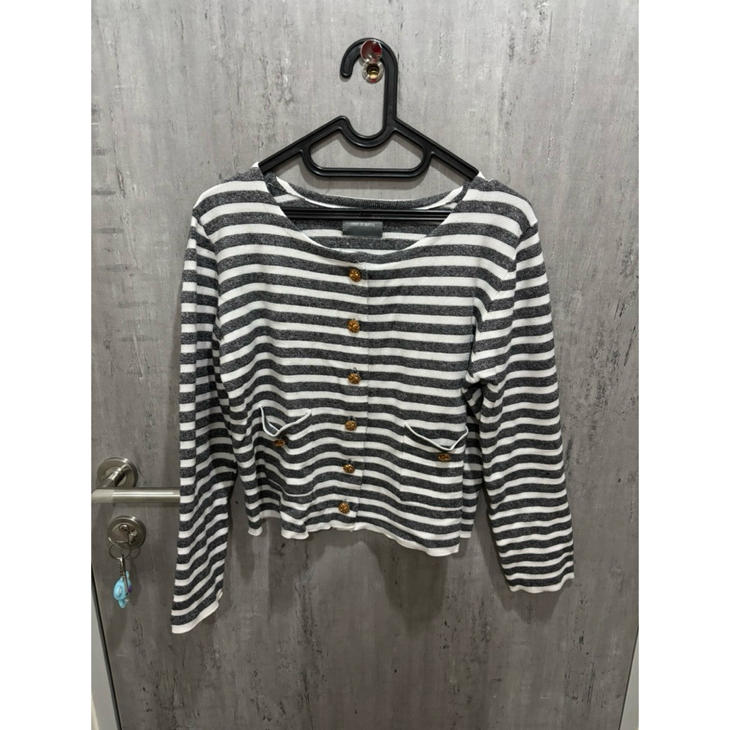 THIS IS APRIL GREY STRIPPED OUTER KNIT CARDIGAN TOP WITH GOLD BUTTON DUMA LOOK ALIKE