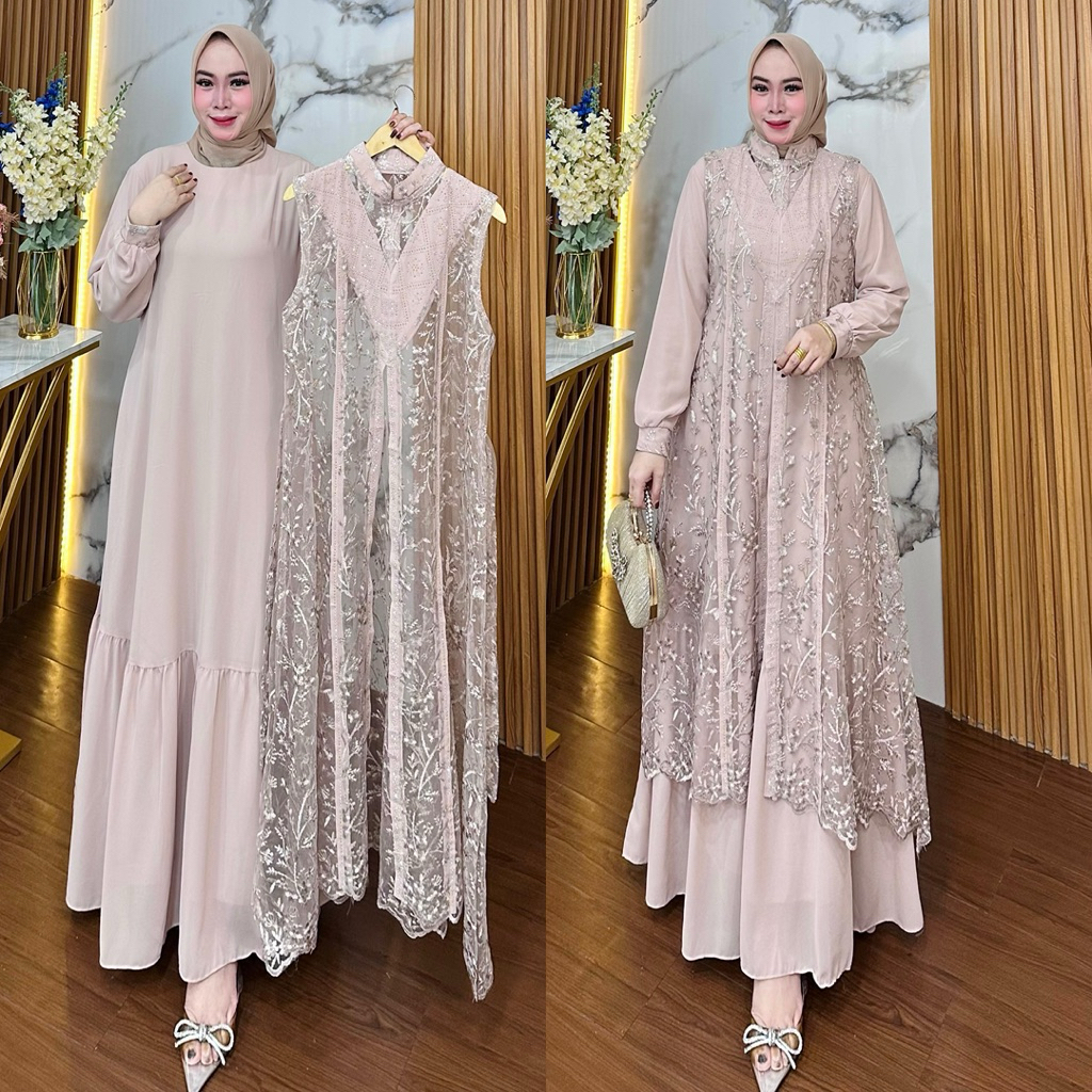 ALISHA dres gamis outer set iner/gamis wanita mewah/gamis pesta kondang/gamis Lebaran