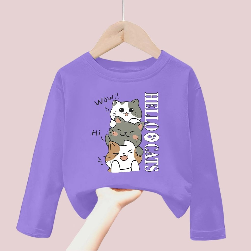 Kaos Anak Lengan Panjang Perempuan Usia 2-12 Tahun Motif Kucing Hello Cats