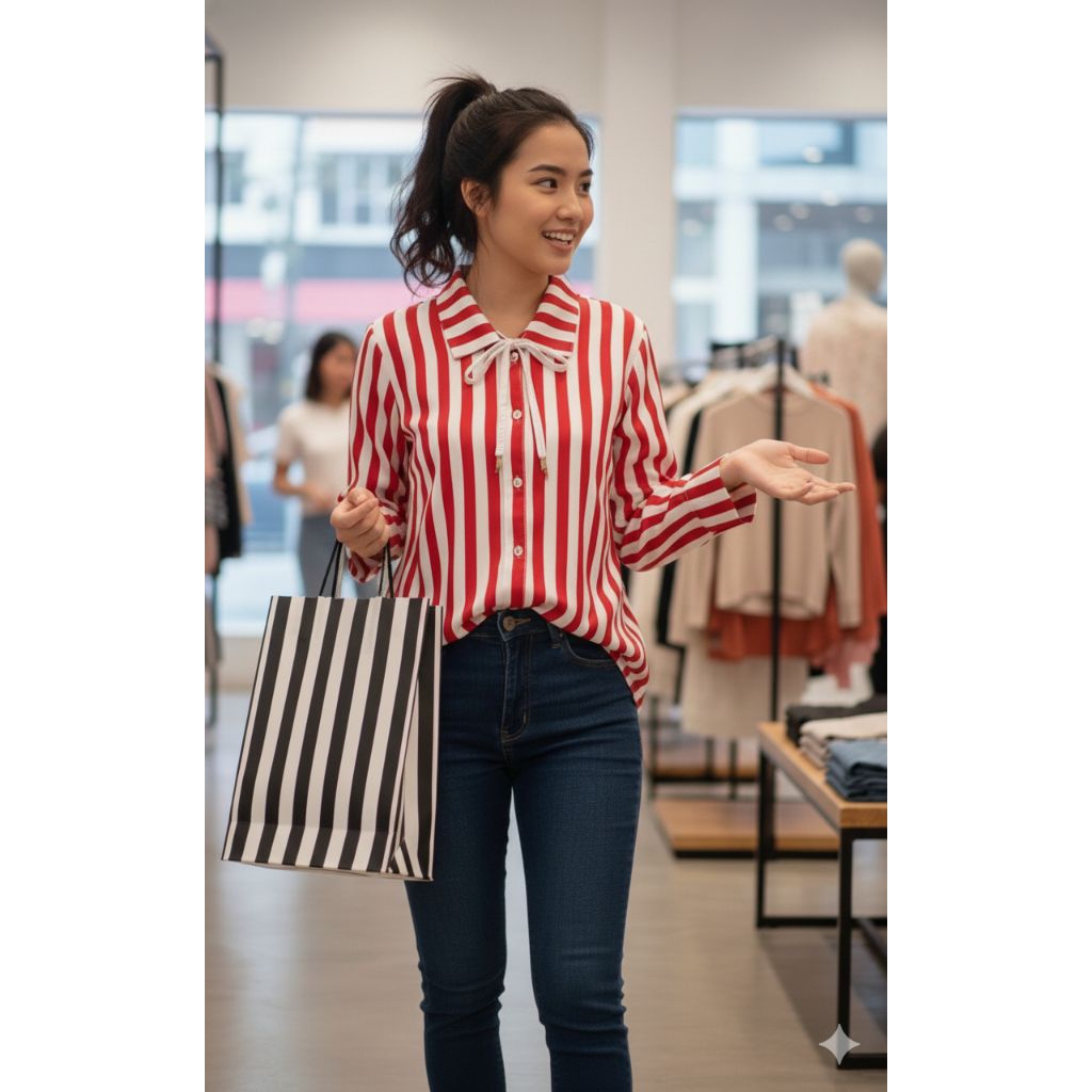 baju atasan kemeja merah putih wanita