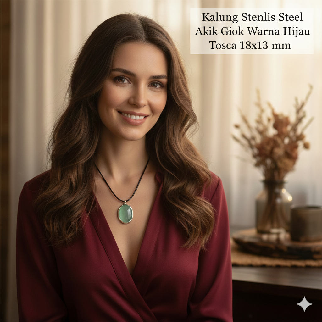 KALUNG STENLIS STEEL BATU AKIK GIOK HIJAU TOSCA 18X13 MM