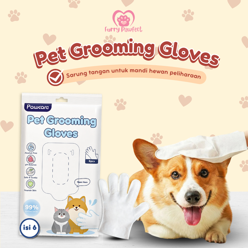 Pet Care Grooming Gloves Tea Tree Extract Isi 6 pcs Sarung Tangan Mandi Kucing Anjing Tanpa Bilas