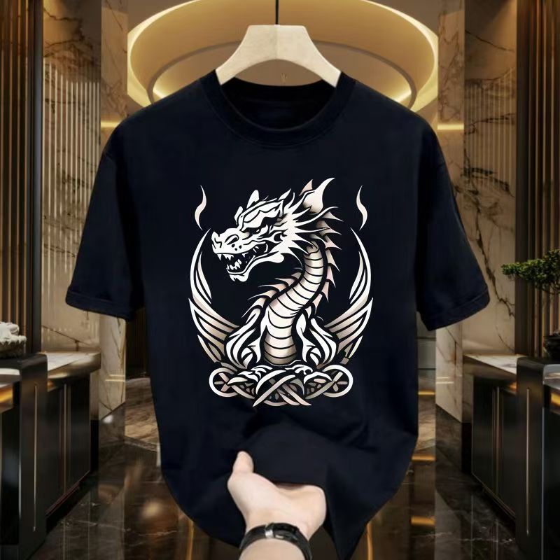 Kaos Cetak Naga Sayap Keren Hitam Pria - Kaos Pria Trendy, Bahan Katun Lembut Nyaman