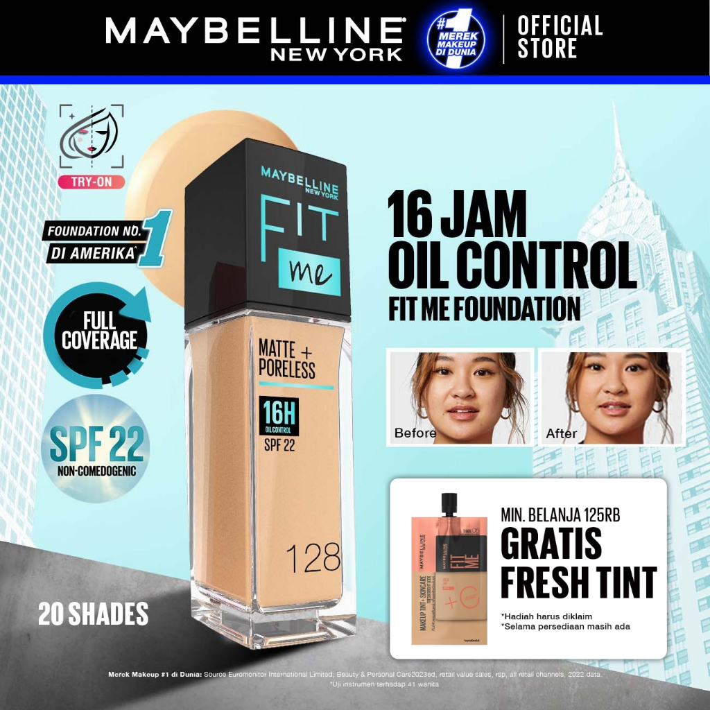 MAYBELLINE OFFICIAL Fit Me Matte + Poreless Liquid Foundation Make Up 30ml SPF 22 Makeup Ringan High