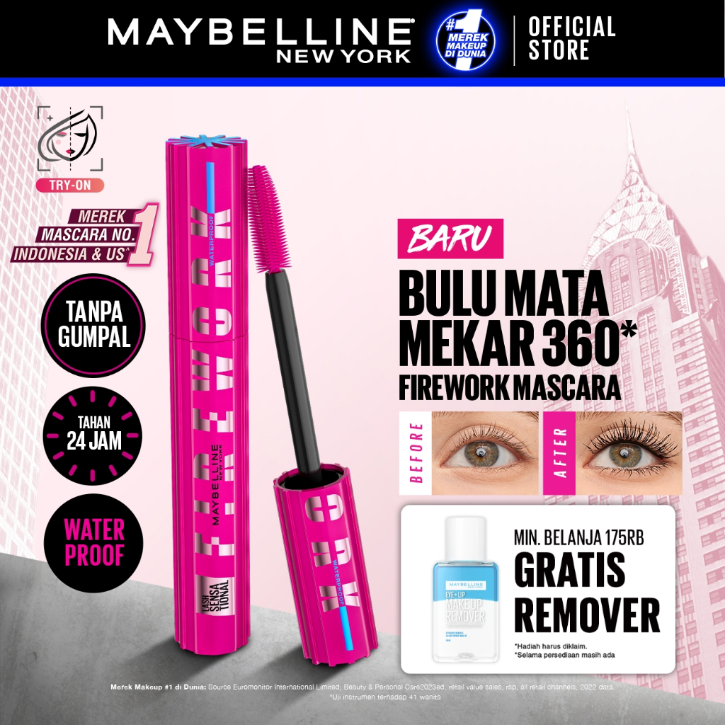 MAYBELLINE OFFICIAL Firework Waterproof Mascara 6ml - Bulu Mata Mekar Tahan 24 Jam Dramatis Maskara 