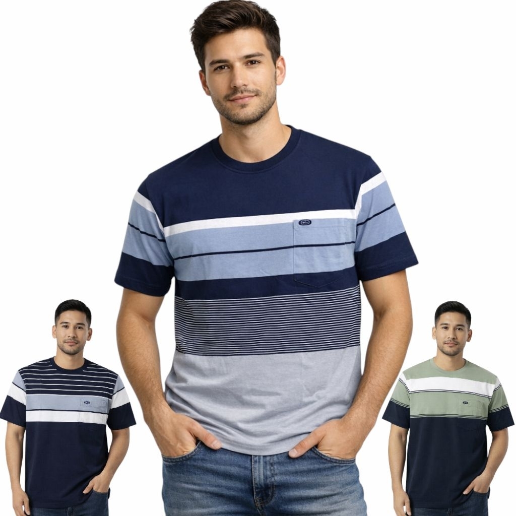 Kaos Oblong Salur Saku Pria Dewasa Kaos Stripe Ocean Beach Size M L XL